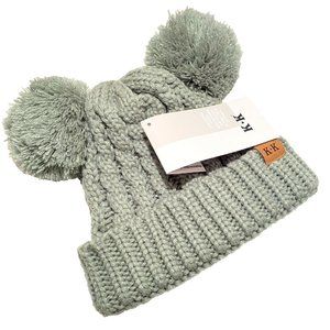 Kids Winter Hat Grey w Pom Pom Ears Cute Thick Warm Knitted Winter Beanie NEW